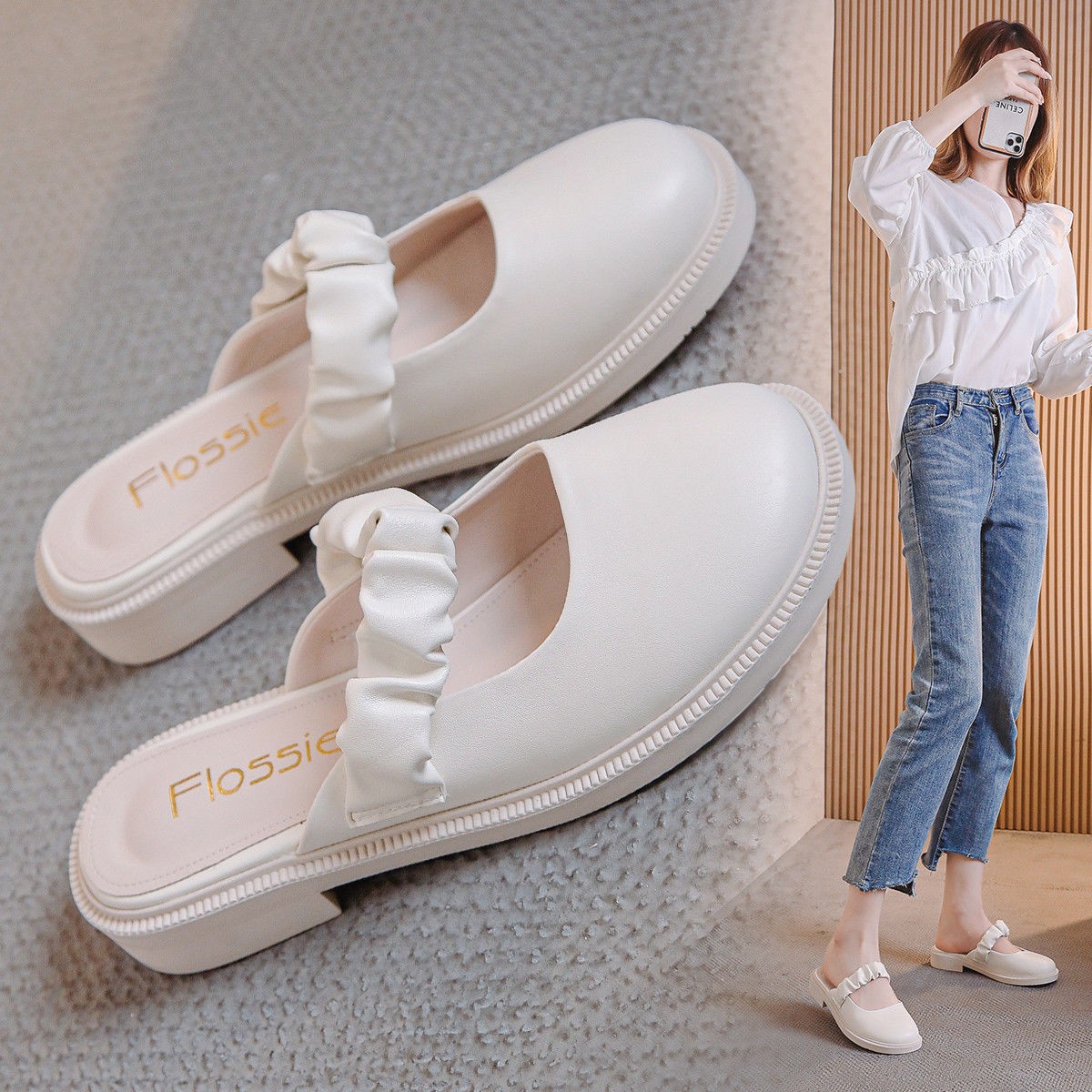 Baotou half slippers women's clothing 2021 spring and summer new net red fashion flat bottom lazy soft leather sandals