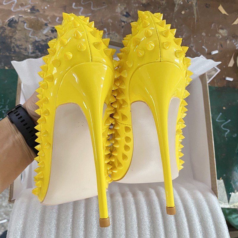 Yellow Color Rivets Women Pointed Toe Stiletto High Heels Size 33-45 Punk Rivets Slip On Sex Pumps