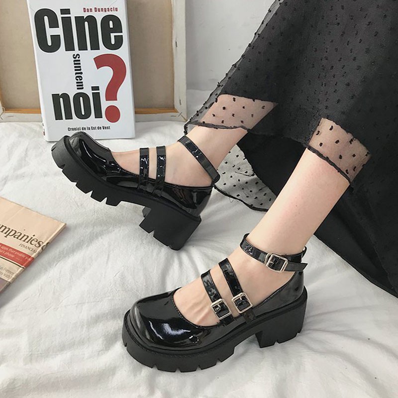 Rimocy Spring Thick Heel Platform Mary Janes Women Sweet Lovely Ankle Strap Lolita Shoes Woman Patent Leather High Heels Pumps