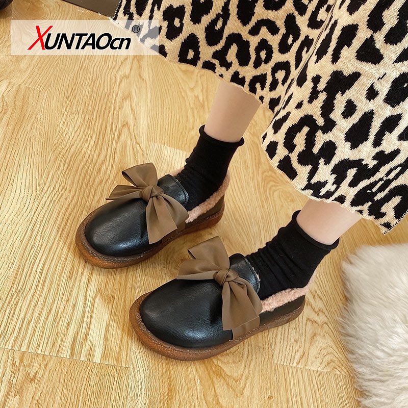 Fashion woman flat shoes ladies quality leather shoes loafers women slip on flats lady solid butterfly knot shoes