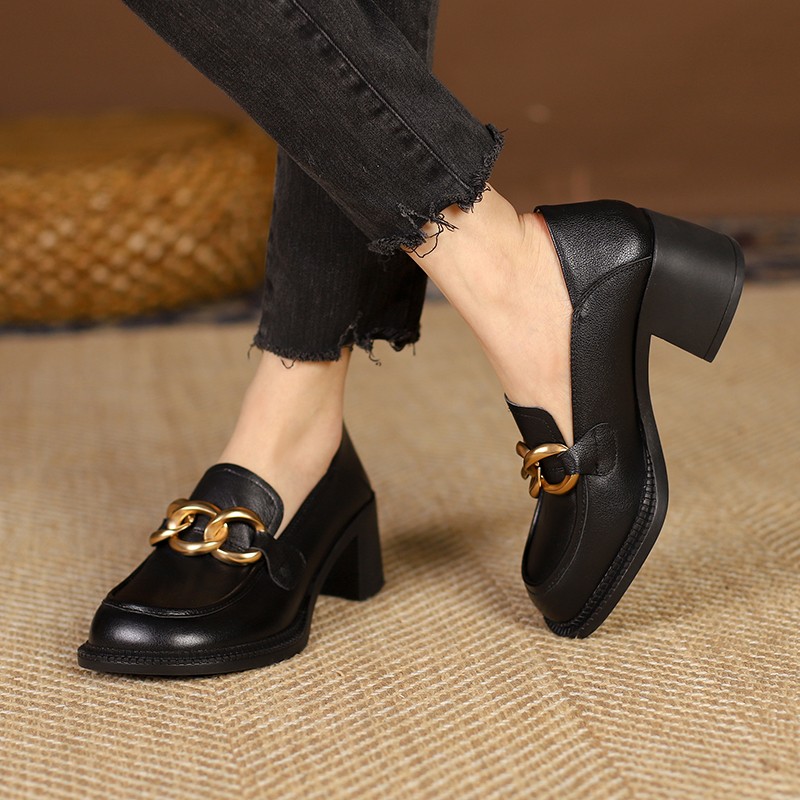 2022 New Women's Pumps Natural Leather Plus Size 22-25cm Cowhide Upper Full Leather Metal Chain Loafers Shoes Lazy Shoes