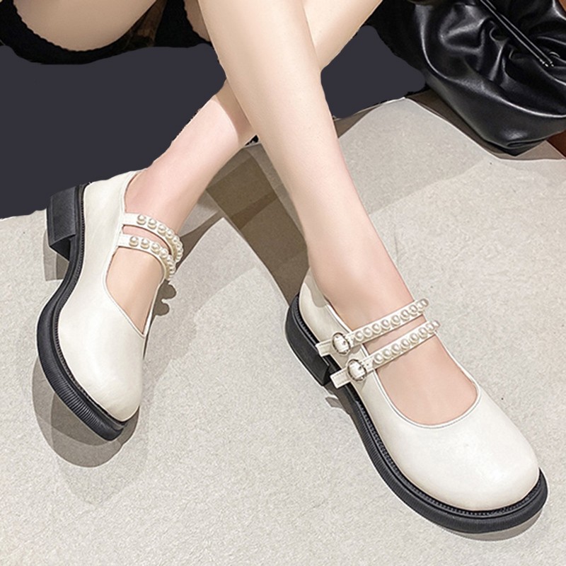 Lucyever 2022 Spring Double Buckle Mary Janes Women Pearls Strap Low Heels Casual Shoes Woman Pu Leather Students Shoes Mujer