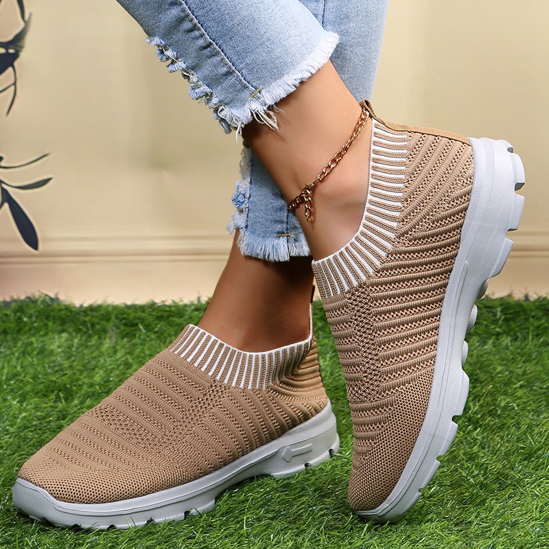 Rimocy Yellow Stripe Knitted Socks Sneakers Women Spring Summer Slip On Flat Shoes Woman Plus Size Mesh Breathable Running Shoes