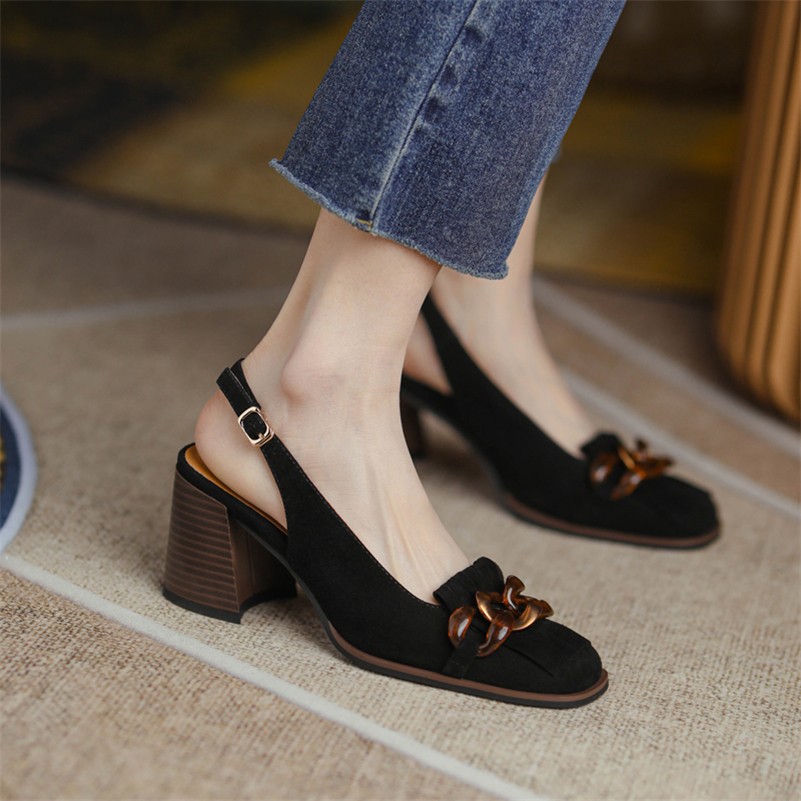 Meotina Slingback Shoes Women Genuine Leather Women Shoes High Heel Buckle Chain Tassel Crystal Shoes Thick Heel Ladies Shoes 40