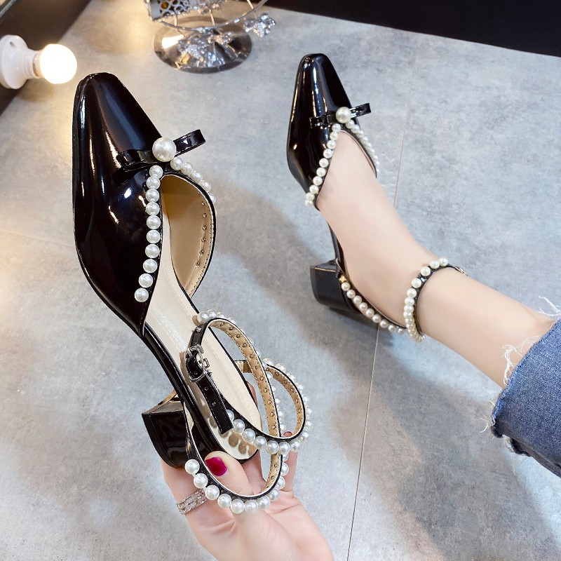 Rimocy Fashion Pearl Ankle Strap Pumps Women Patent Leather Sqaure Heels Dress Party Shoes Woman Pointed Toe Sandals Summer 2022