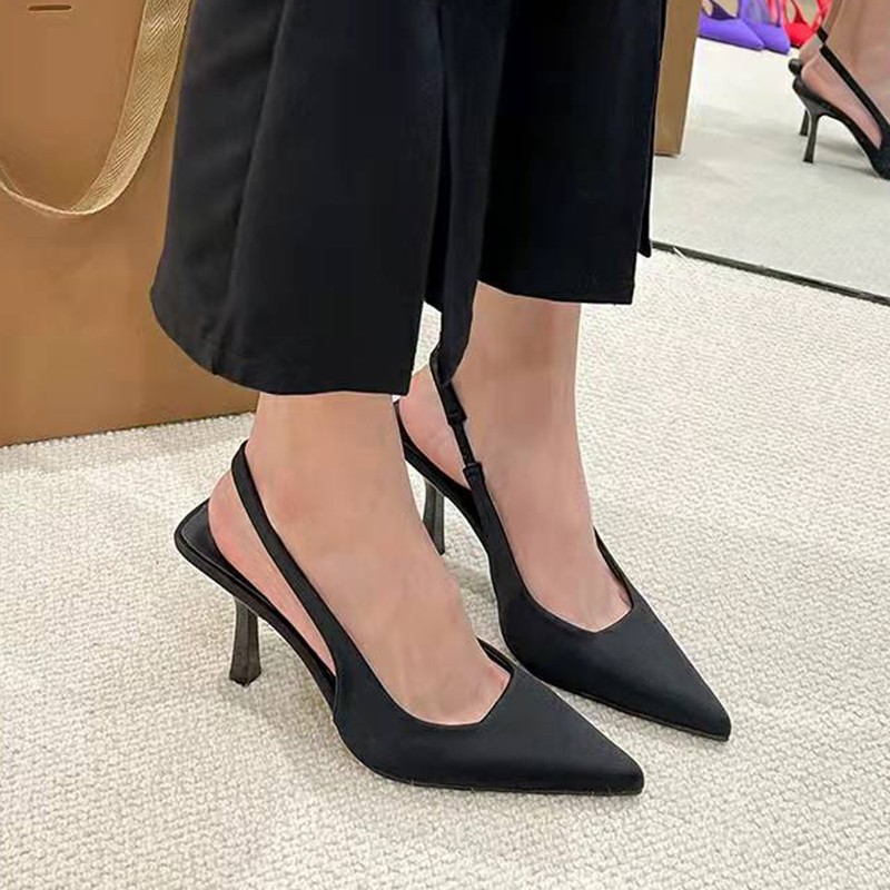 Lucyember 2022 Solid Color High Heels Pumps Women Spring Summer Pointed Toe Slingback Shoes Women Thin Heel Mules Sandals Ladies