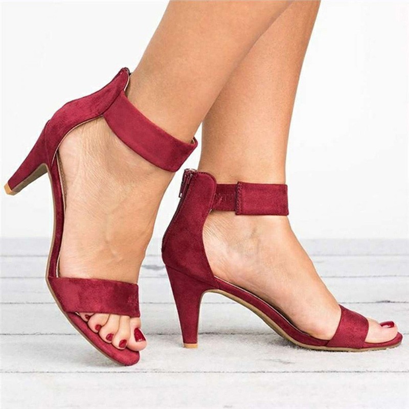 Summer new open toe round head stiletto women's sandals bag zipper suede slimming word women's shoes