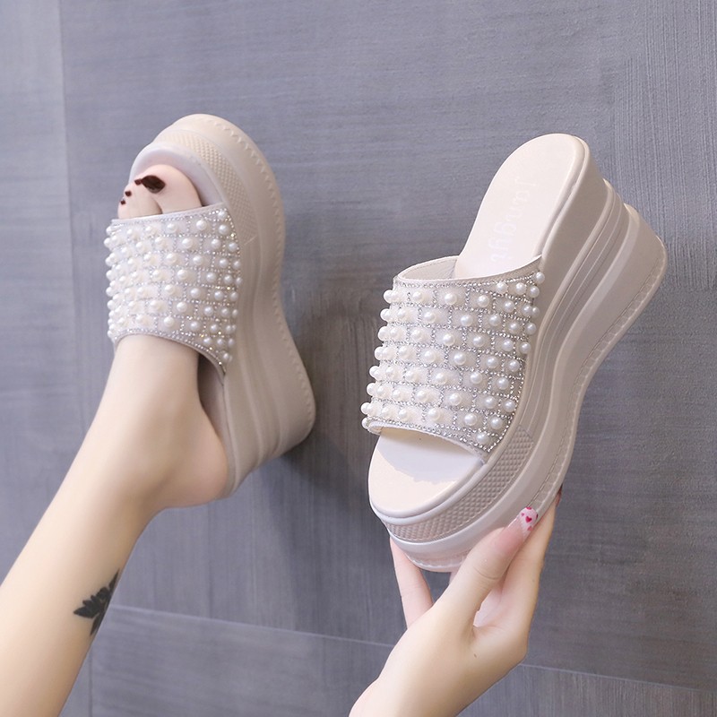 Rimocy 2022 Platform Wedge Sandals Women Summer Shoes Ultra High Heels Pearl Wedge Sandals Women Open Toe Platform Wedge Sandals