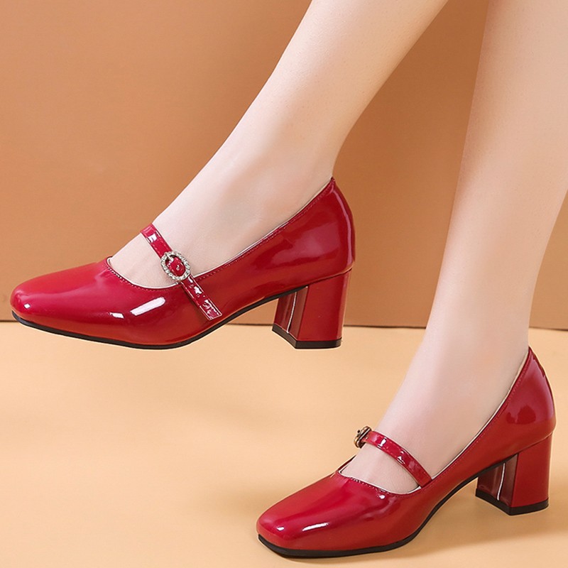 Lucifer Mary Janes Patent Leather Women Shoes Crystal Buckle 2022 Solid Color Chunky Heel Women Shoes Black Red