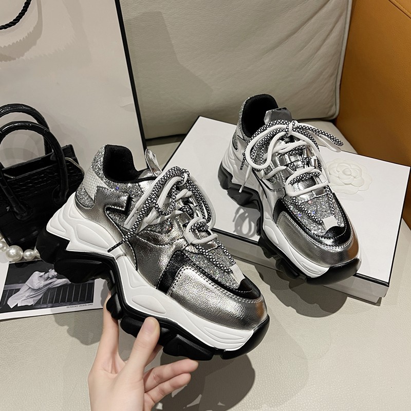 Rimocy Glitter Silver Chunky Sneakers Women Street Fashion Thick Sole Vulcanized Shoes Woman 2022 Spring High Platform Sneakers