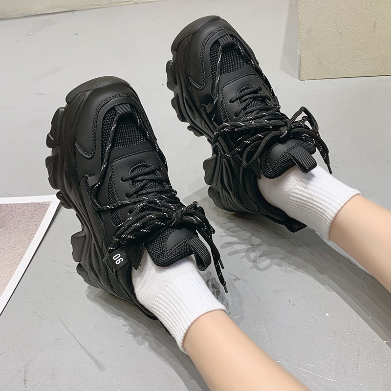 Rimocy Fashion Chunky Platform Sneakers Women Autumn Winter Thick Sole Vulcanize Shoes Woman High Street Lace Up Trainers Black