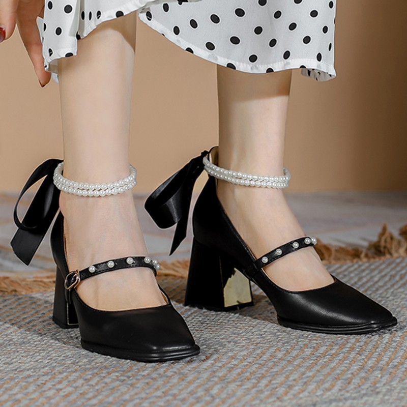 Lucifer Pearl Women Ankle Strap Mary Jane 2022 Elegant Chunky Heel Party Wedding Shoes Female Square Toe Pumps
