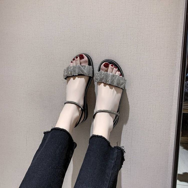 2021 New Low Heels Versatile High Heels Women Square Heel Single Line Roman Shoes Rhinestone Sandals Gladiator Slippers