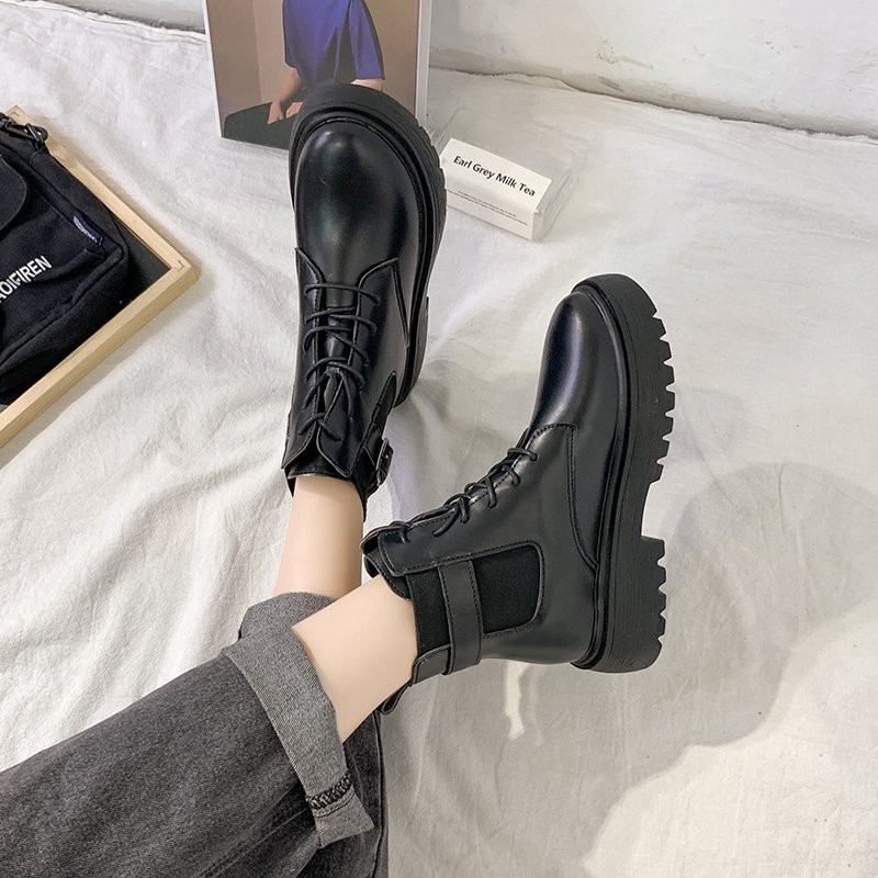 Rimocy Fashion Black Platform Women's Boots Autumn Winter 2021 PU Leather Chunky Ankle Boots Woman Waterproof Motorcycle Boots