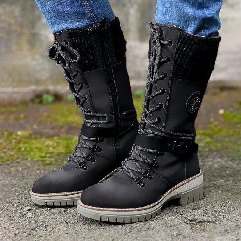 Women's Winter Side Pull Lace-up Knitted Mid Tube Boots Low Heel Round Toe Boots High Quality Winter Warm Boots Botas De Mujer