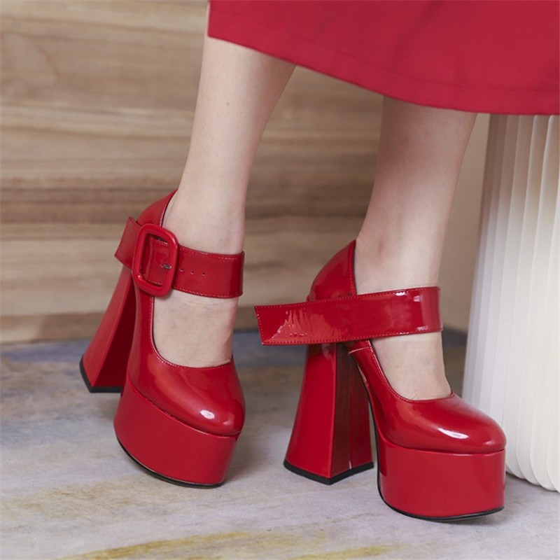 CONASCO Punk Women Thick High Heel Pumps Party Buckles Night Club Prom Shoes Woman Genuine Leather Pumps