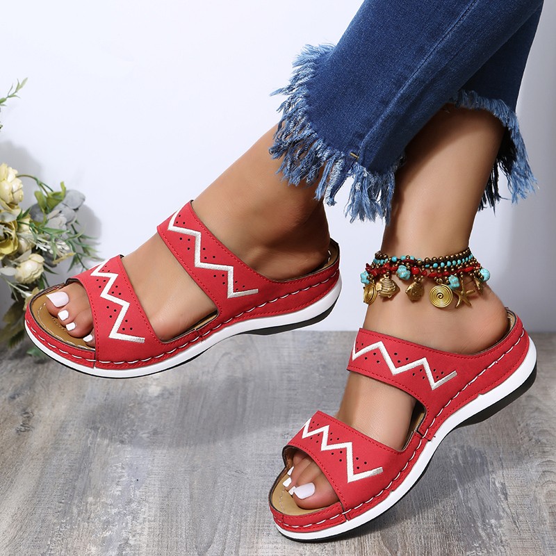 Rimocy Summer Outdoor Platform Beach Slippers Women PU Leather Striped Wedges Sandals Woman Fashion Thick Sole Non-slip Slides