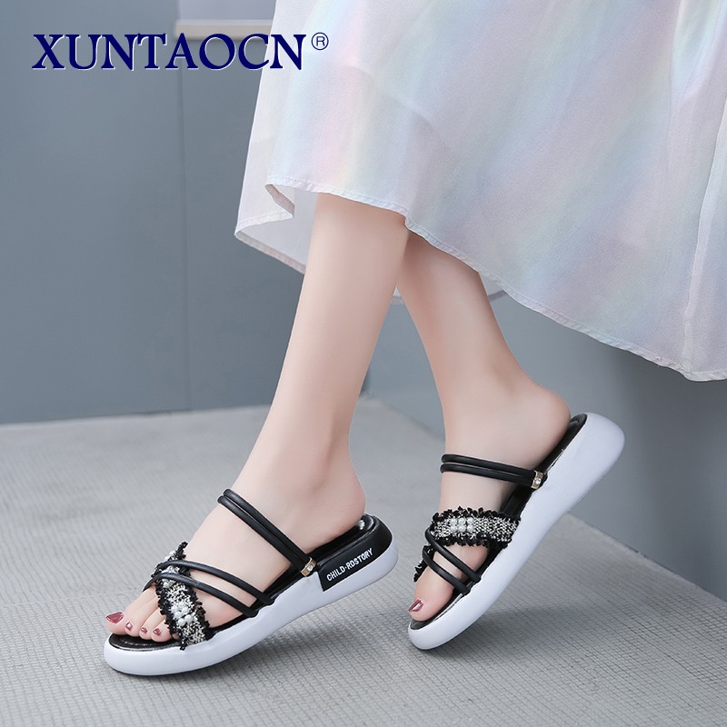 Slippers Women Summer Flat Shoes Female String Bead Pantofle Lady Slides Fashion Low 2022 Girl Luxury Fabric Rubber Rome Hoof He