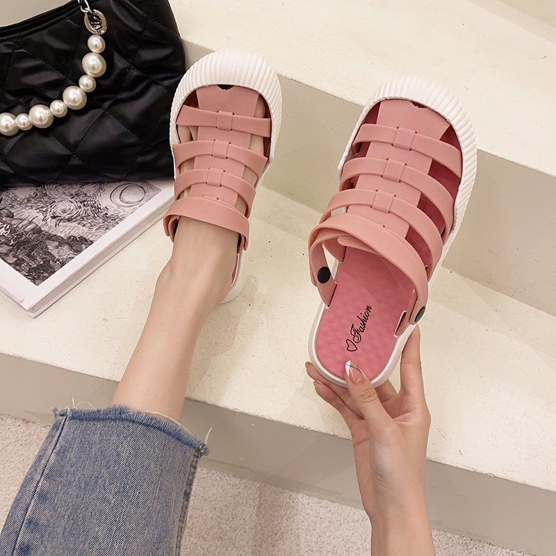 2021 summer new semi slippers korean non-slip hole beach shoes wear fashion sandals for women flat with rubber house slippers