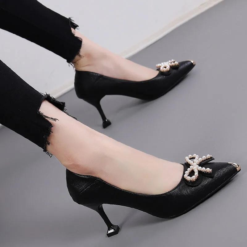 Rimocy Sexy Pointed Toe Shallow Stiletto Heel Pumps Women Fashion Pearl Bowknot High Heel Dress Party Shoes Woman Zapatos Mujer