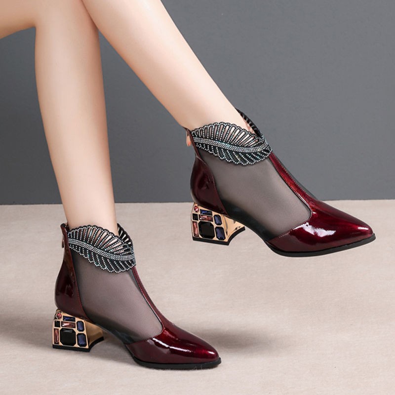 2021 spring summer new chunky heels patent leather pumps women hollow-out plus size shoes rhinestone mesh closed toe sandals