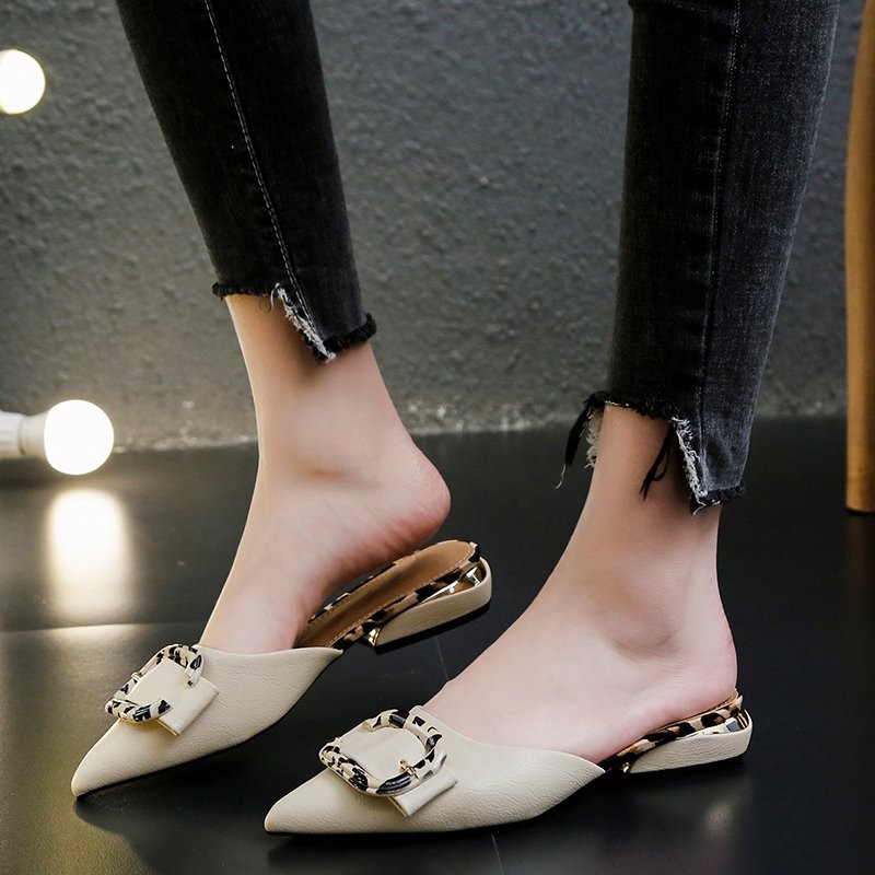 Fashion Women's Flat Shoes Pointed Toe Buckle Square Thick Heel Mules