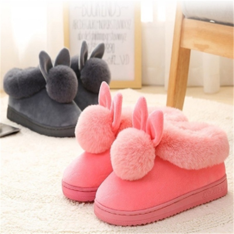 Autumn Winter Cotton Slippers Rabbit Fur Home Warm Thick Bottom Indoor Cotton Shoes Women Slippers Cute Fluffy Cat Slippers