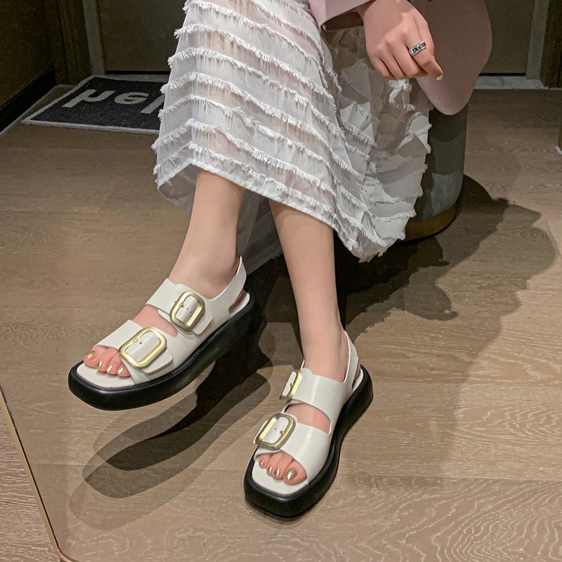 Metal buckle decoration split leather slip on women sandals flat platform fashion women's shoes summer sandals black beige