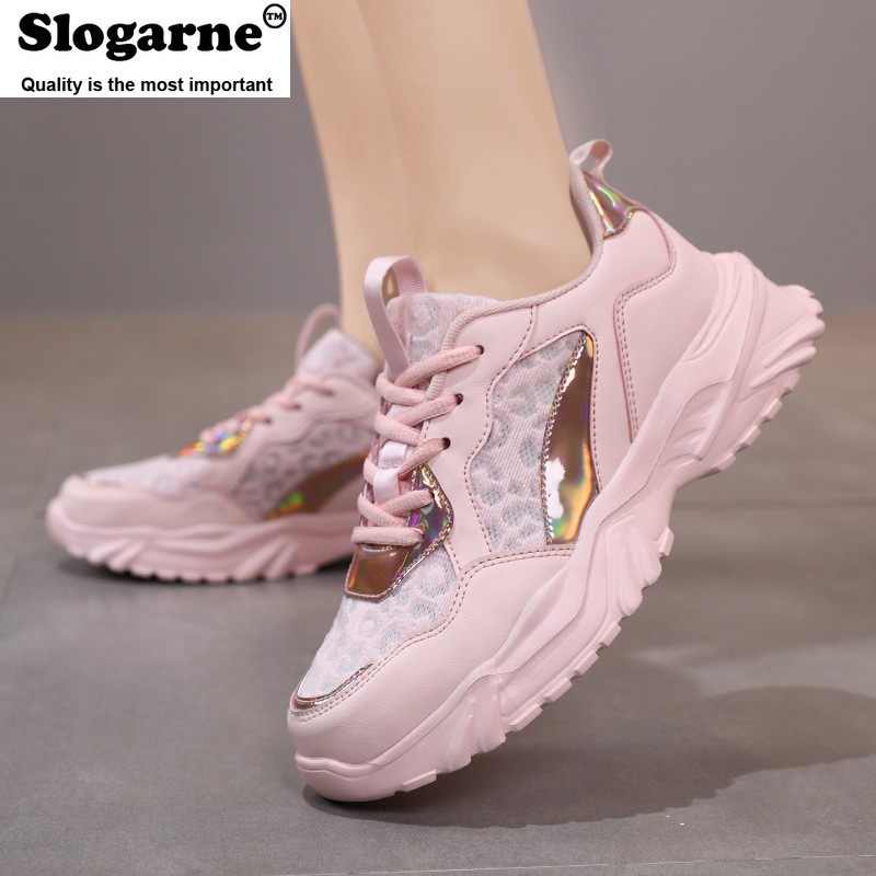 Women's spring autumn air mesh sneakers lady's running shoes girl's high elastic thick-soled middle school students leather shoes