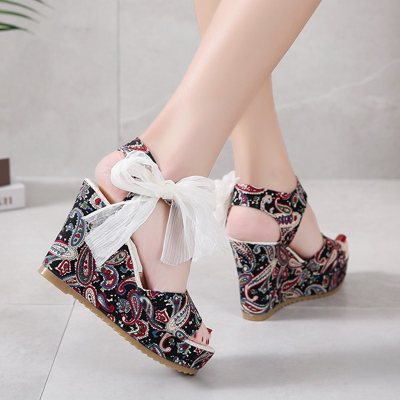 Rimocy Print Bohemia Wedges Sandals for Women 202 Summer Super High Heels Peep Toe Sandalias Mujer Plus Size Beach Platform Shoes