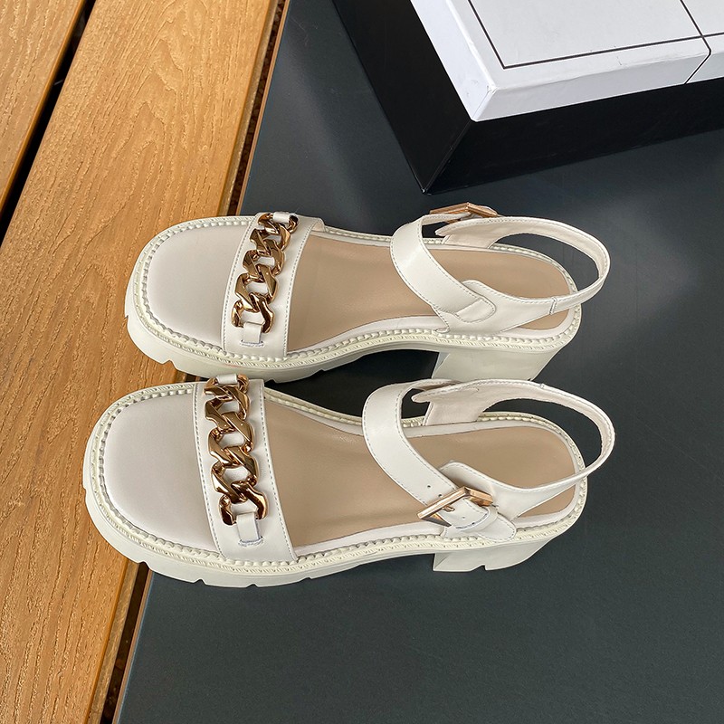 JOVONO Size 33-40 Women Sandals Genuine Leather Metal Chain Summer Shoes For Women Fashion Chunky Ins Daily Shoes Footwear