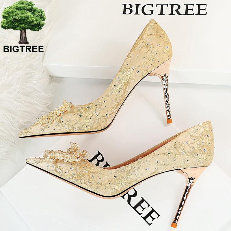 BIGTREE Pearl Floral Shoes Woman Pumps Rhinestone High Heels 2022 New Luxury Women's Heels Stiletto Plus Size Ladies Pumps