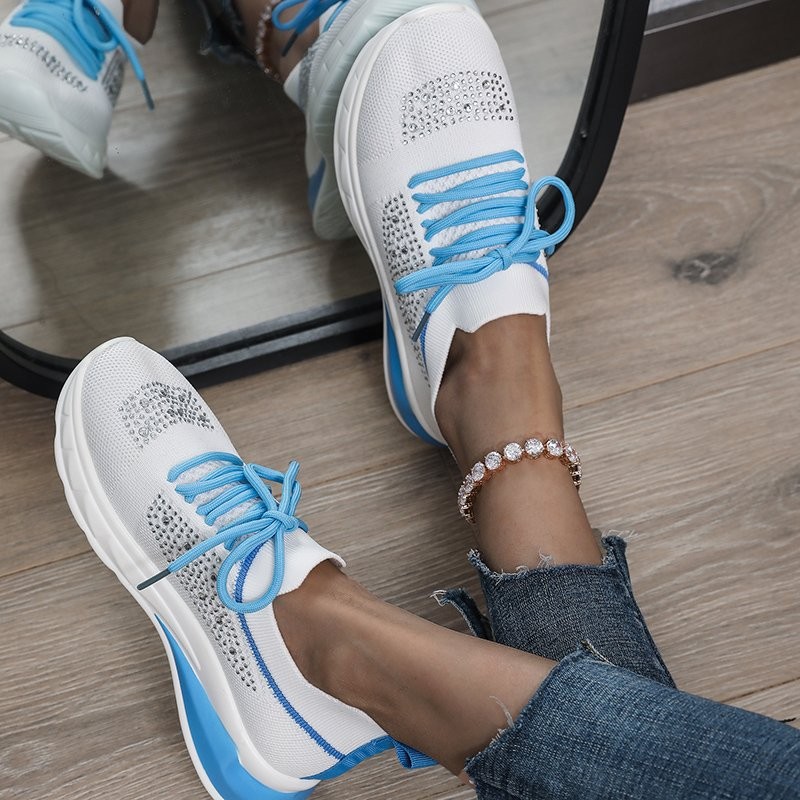 Rimocy Women Crystal Platform Sneakers Comfortable Soft Sole Knitted Flat Shoes Woman 2022 Spring Breathable Mesh Casual Shoes