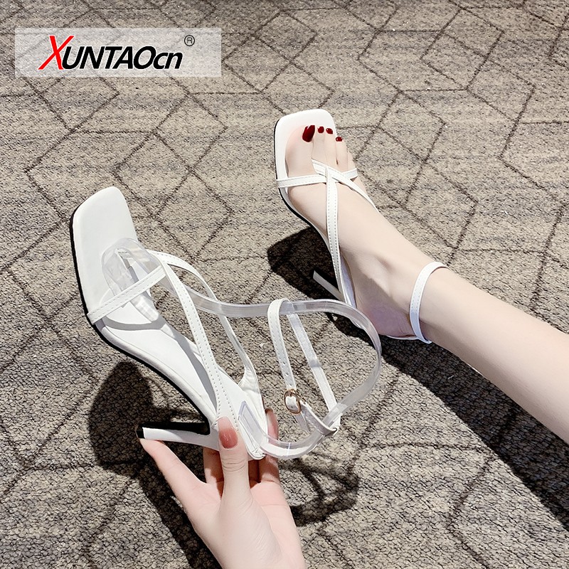 New Fashion Narrow Band Gladiator Sandals Women Thin High Heels Elegant Pumps Square Toe Ankle Buckle Strap Party Shoes