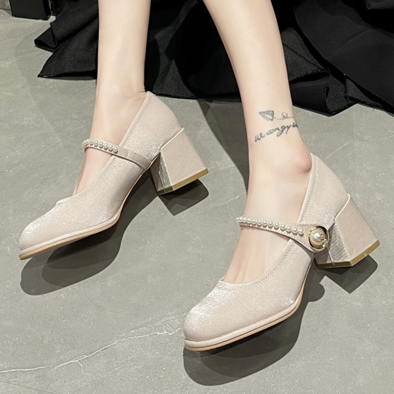 Lucifer Elegant Women Ankle Strap Shoes 2022 Spring Silk Thick Heel Round Toe Party Wedding Shoes