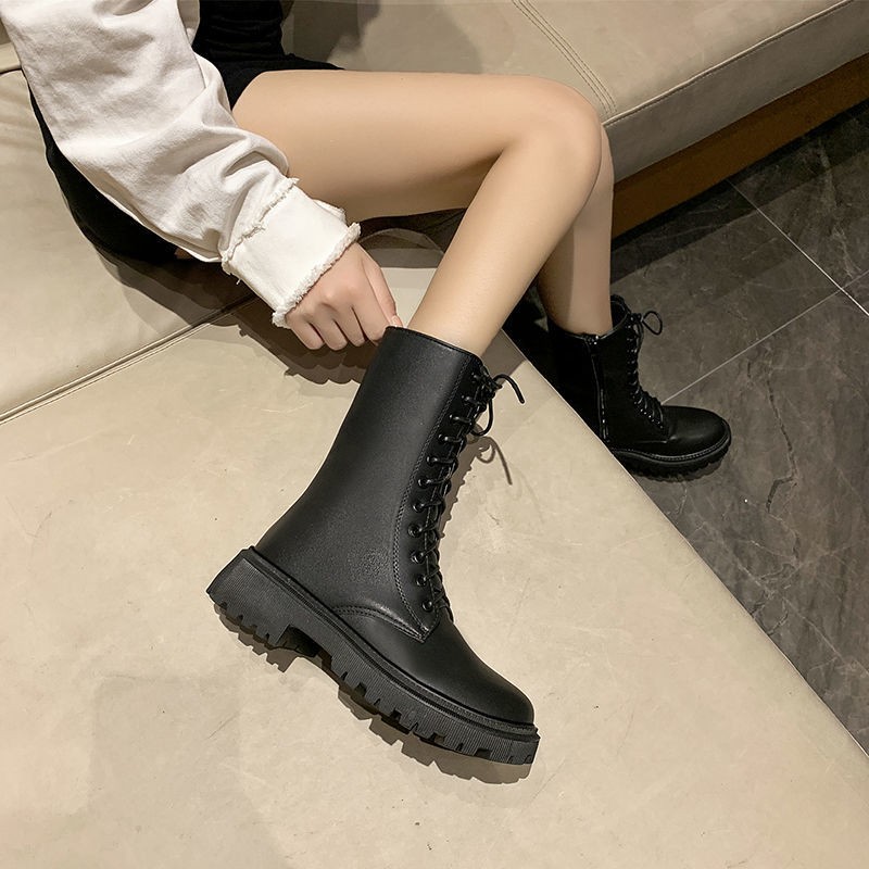 Soft leather motorcycle Martin boots single boots autumn and winter explosion style middle low-heeled British style thin boots