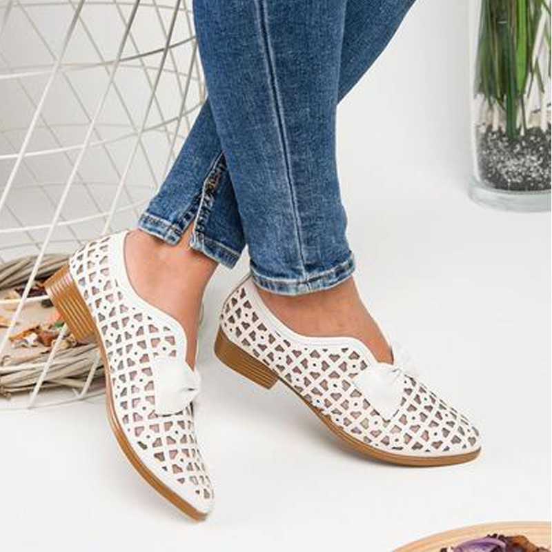 2021 summer fashion pointed toe shoes ladies flat shoes ladies large size hollow breathable bow thick heel sandals