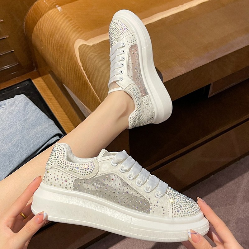 JMPRS Platform Shining Crystal Sneakers Women 2022 Spring Breathable White Mesh Sneaker Woman Comfort Flat Heel Casual Shoes