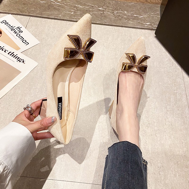 Rimocy Fashion Gold Bowknot Women Pumps Pointed Toe Thick Heels Office Shoes Woman 2022 Spring Comfortable Shallow Ladies Pumps