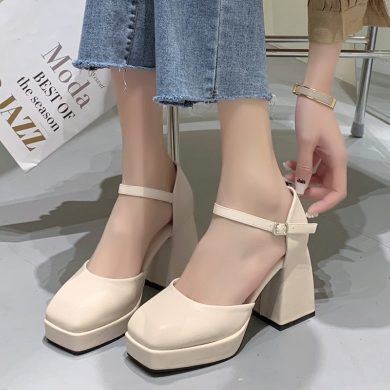 Lucifer 2022 Women Platform Platform Ankle Strap Shoes Women Square Heel Faux Leather Shoes Mary Jane Thick High Heels Women Shoes