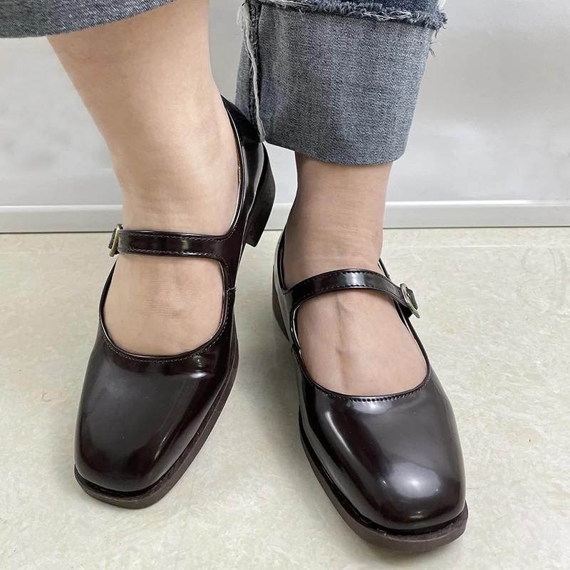 Lucifer Buckle Strap Low Heel Mary Jane Shoes Women 2022 Square Toe Patent Leather Shoes Woman Vintage Dark Brown Pumps Ladies