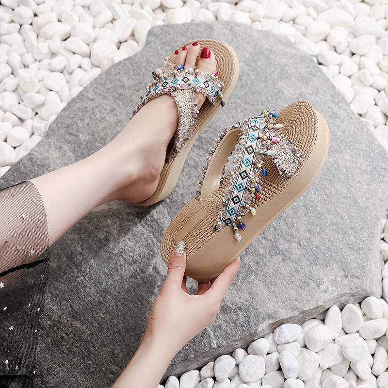 Lady's Beach Shoes Tassel Cross Strap Female Summer Flip Flops Casual Platform Sandals Open Toe Non-slip Slippers for Women