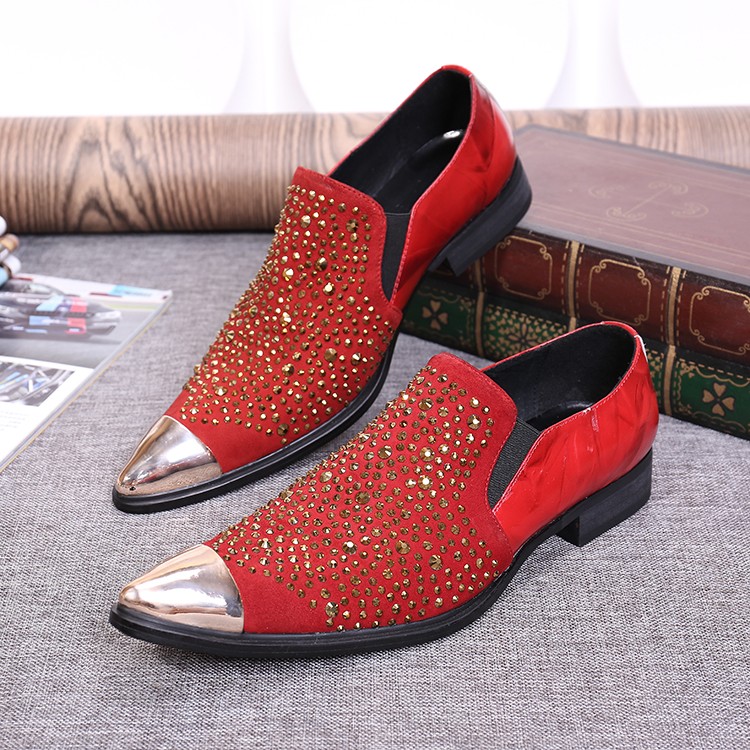 Spring summer fashion loafers rhinestones casual shoes men pointed toe slip on real leather shoes nightclub bar party shoes