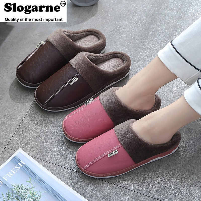 Couples Women Men Winter Slippers Home Cotton Shoes For Lovers Men Indoor Slippers Plush Warm Indoor PU Leather Waterproof Unisex