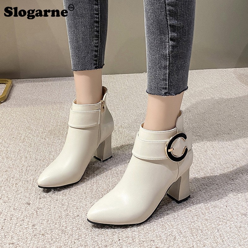 Women High Heels Short Boots Female Spring Autumn Ankle Boots Side Zippers Woman Soft Leather Shoes Waterproof Pumps Thick Heel