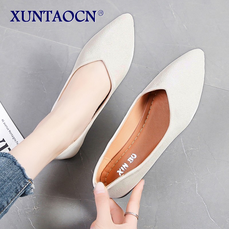 Spring Women Flats Black Pointed Toe Ballet Flats Shallow Boat Shoes Woman Flock Casual Shoes Female Loafers Apricot Pink