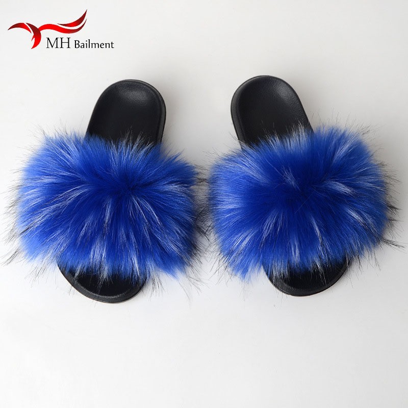 Women Summer New Synthetic Fox Fur Slippers Indoor Home Furry Cute Faux Raccoon Fur Non-slip Outdoor Home Shoes Beach Sandals