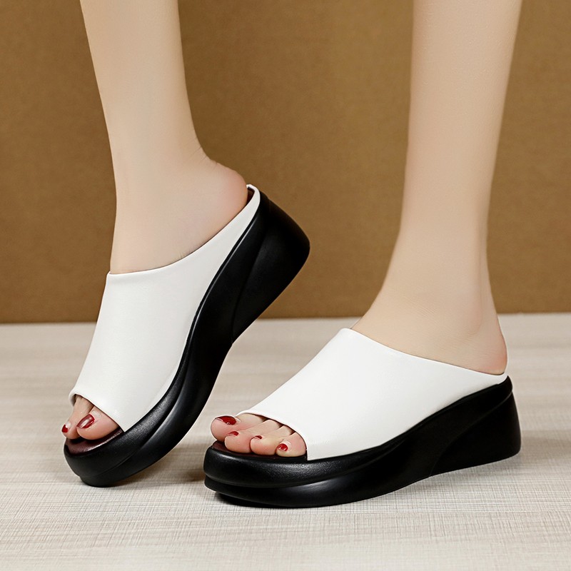 Rimocy 2021 Summer Women Thick Bottom Wedges Slippers New Fashion Soft Leather Platform Sandals Woman Peep Toe Beach Slides