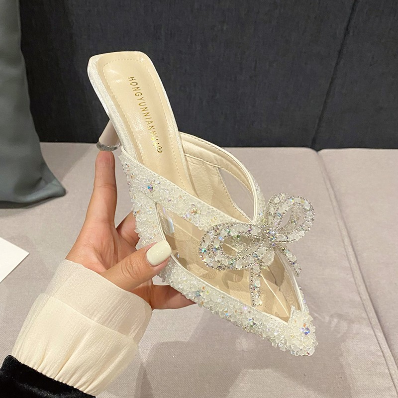 Rimocy Luxury Crystal Bowknot Slippers Women 2022 Summer Sexy Pointed Toe Thin High Heels Sandals Woman Rhinestone Party Shoes