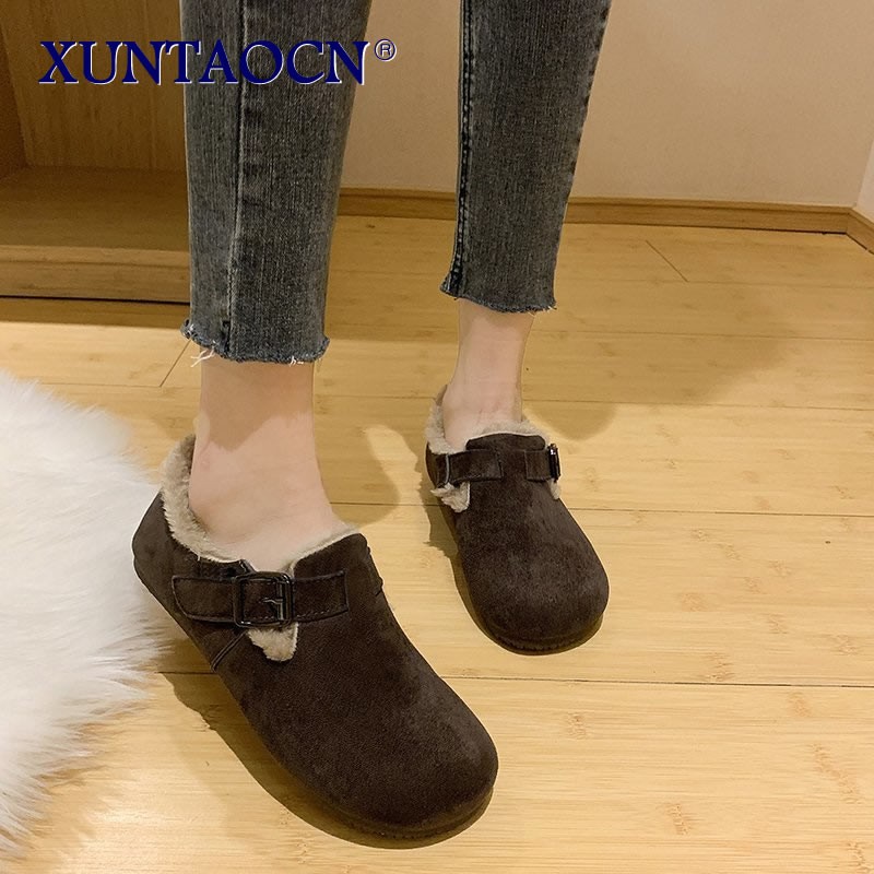 2022 New Solid Color Short Boots Buckle Strap Women Shoes Furry Plush Slip-on Flat Footwear Winter Warm Booties Female Snow Boot